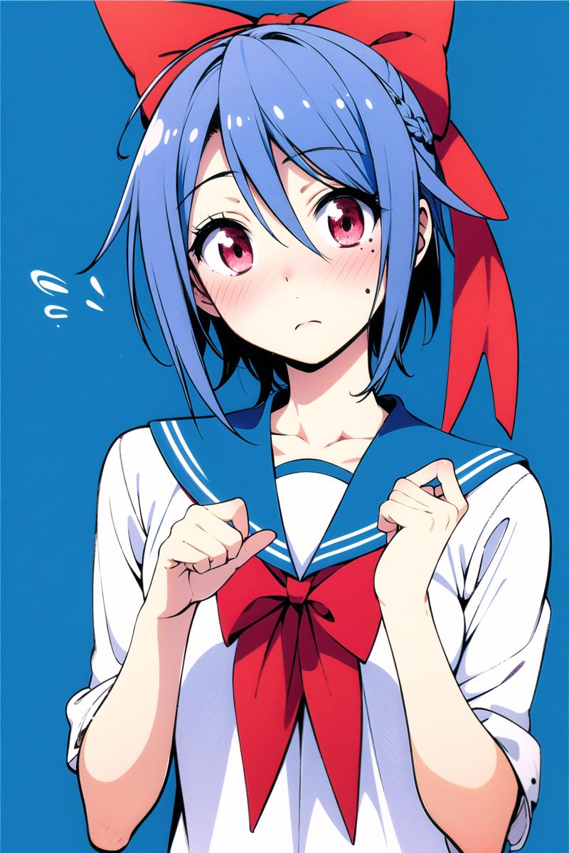 18012-2793253887-Tsugumi Seishiro, 1girl, solo, school uniform, blue hair, blush, short hair, red eyes,white  bow, hair bow, serafuku,  ribbon,mo.png